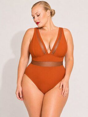 Cupshe Plunge V Neck Tummy Control Swimsuit 3X Burnt Orange NWT